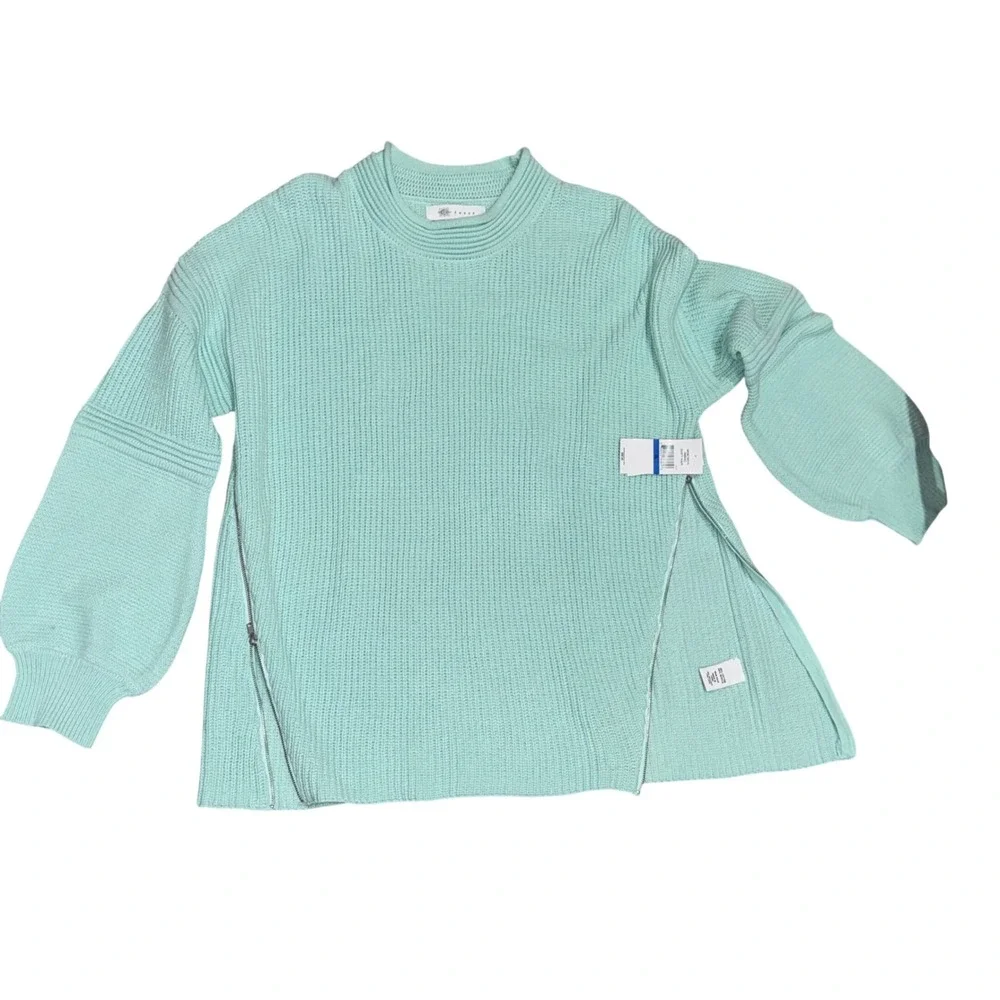 Fever Sweater Dusty Aqua Mock Neck Balloon Sleeve Chunky Knit Zipper‎ Sz XL NWT